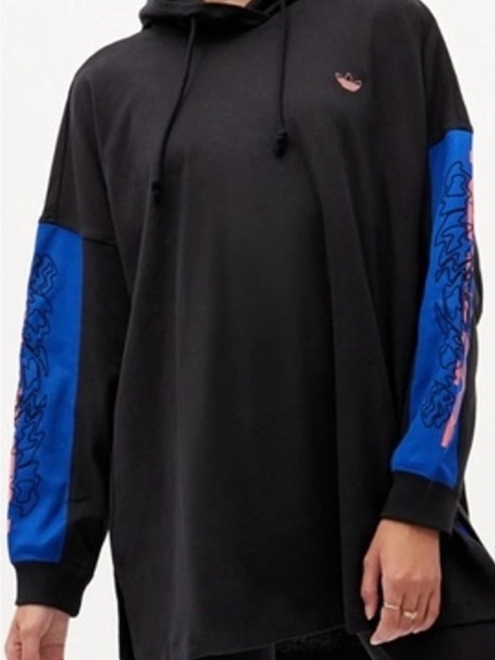Adidas Originals Women's Oversized Black Pullover Hoodie Embroidered Sleeves